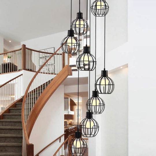 Industrial Black Metal Pendant Light With 6 Globe Cage Bulbs And Stylish Spiral Design