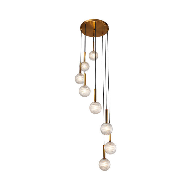 Modernist Spiral Cluster Pendant Light - 8/9 Bulbs, White/Clear Lattice Glass, Ceiling Hang Fixture