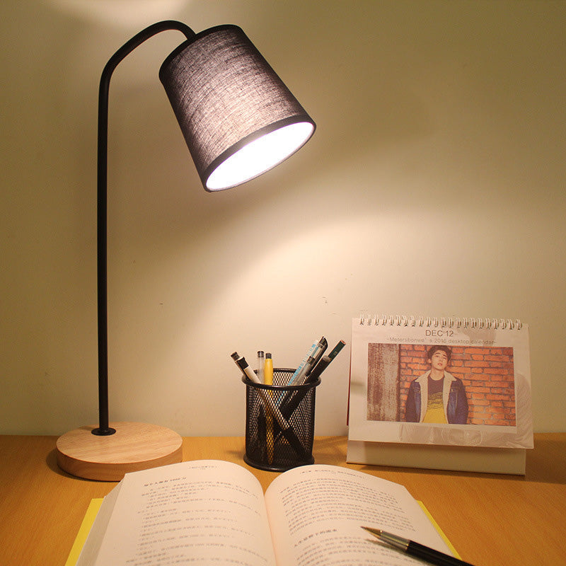 Conical Fabric Task Light: Modern 1-Bulb Black Small Desk Lamp With Beige Wood Base