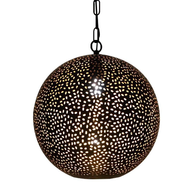 Art Deco Metallic Pendant With Hollow Out Design For Restaurants - Black Ball Shade 1-Bulb Ceiling