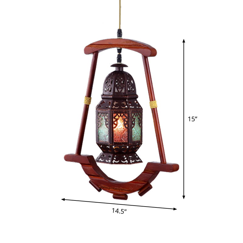 Rustic Metal Lantern Ceiling Light: Bedroom Décor With 1 Light Copper Suspension Lamp & Wood Frame