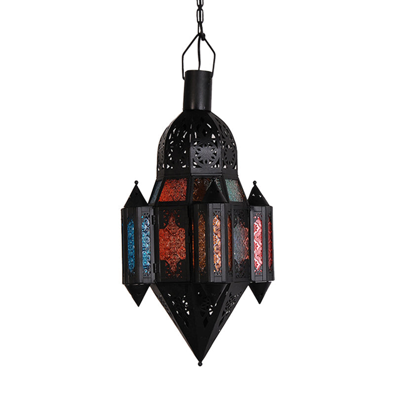 Art Deco Lantern Pendant Lamp In Black Metallic Hanging Lighting For Living Room - 1 Head 5/5.5/9.5