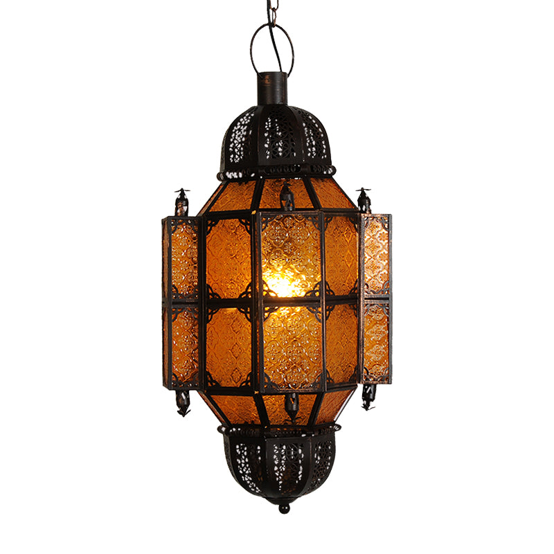 Vintage Black Lantern Pendant With Yellow Textured Glass Shade - 1-Bulb Restaurant Ceiling Light
