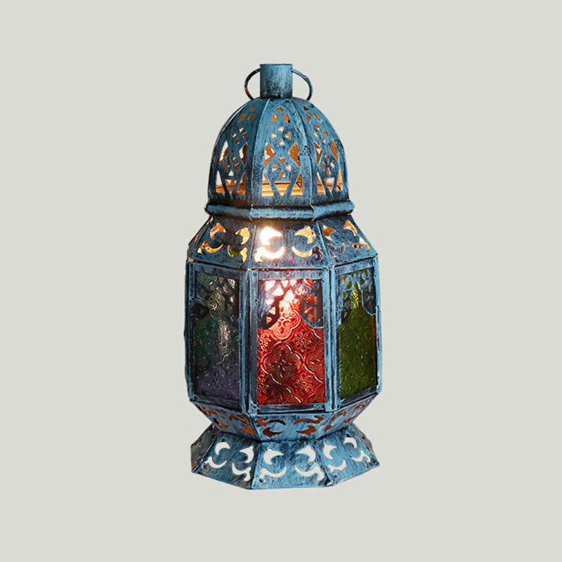Blue Antiqued Metal Desk Lamp With Textured Glass Shade