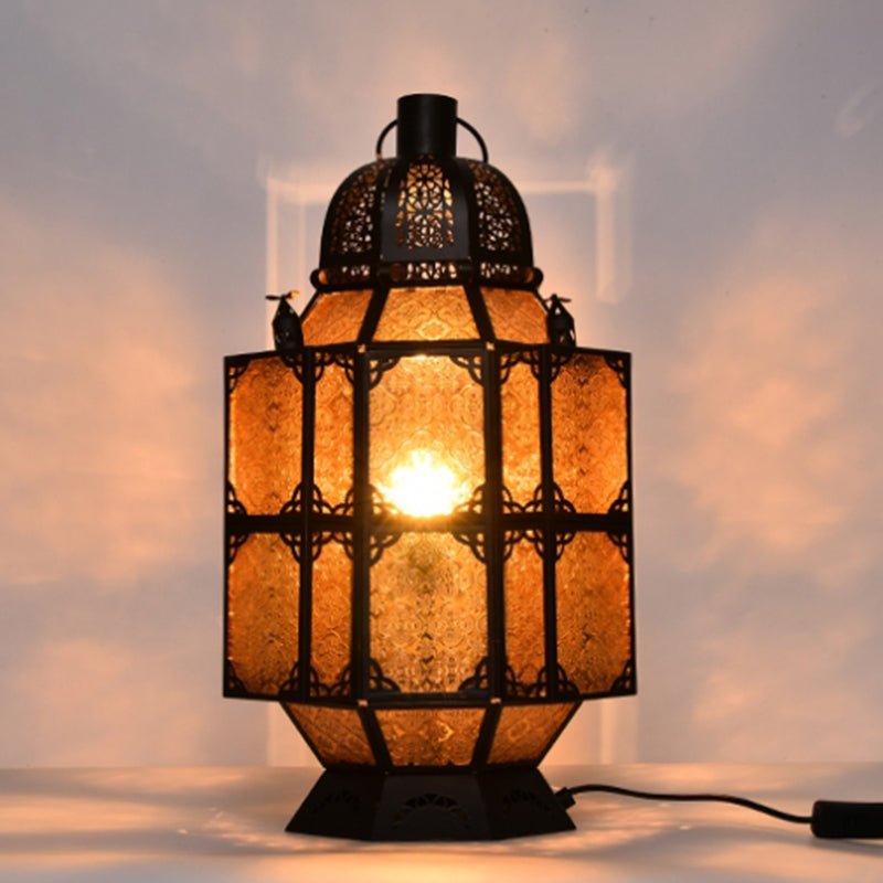 Art Deco Amber Glass Lantern Nightstand Lamp For Bar - Rustic 1-Bulb Task Lighting Rust
