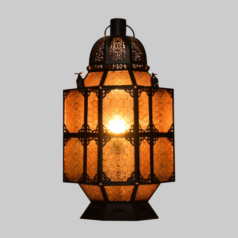 Art Deco Amber Glass Lantern Nightstand Lamp For Bar - Rustic 1-Bulb Task Lighting
