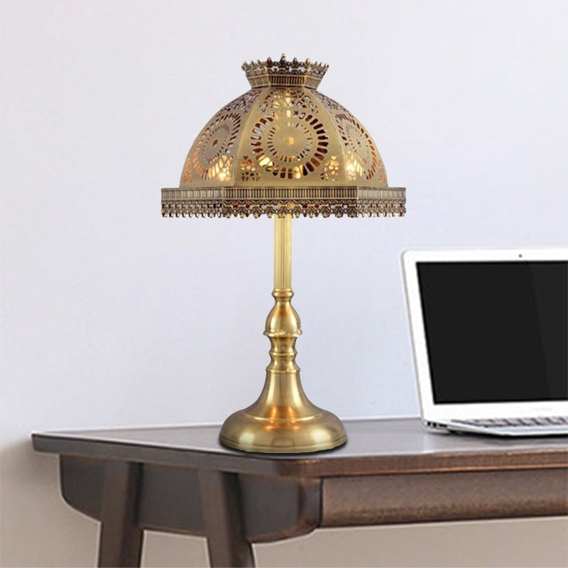 Art Deco Brass Dome Table Lamp - Metallic 1 Head Nightstand With Hollowed Out Design For Living Room