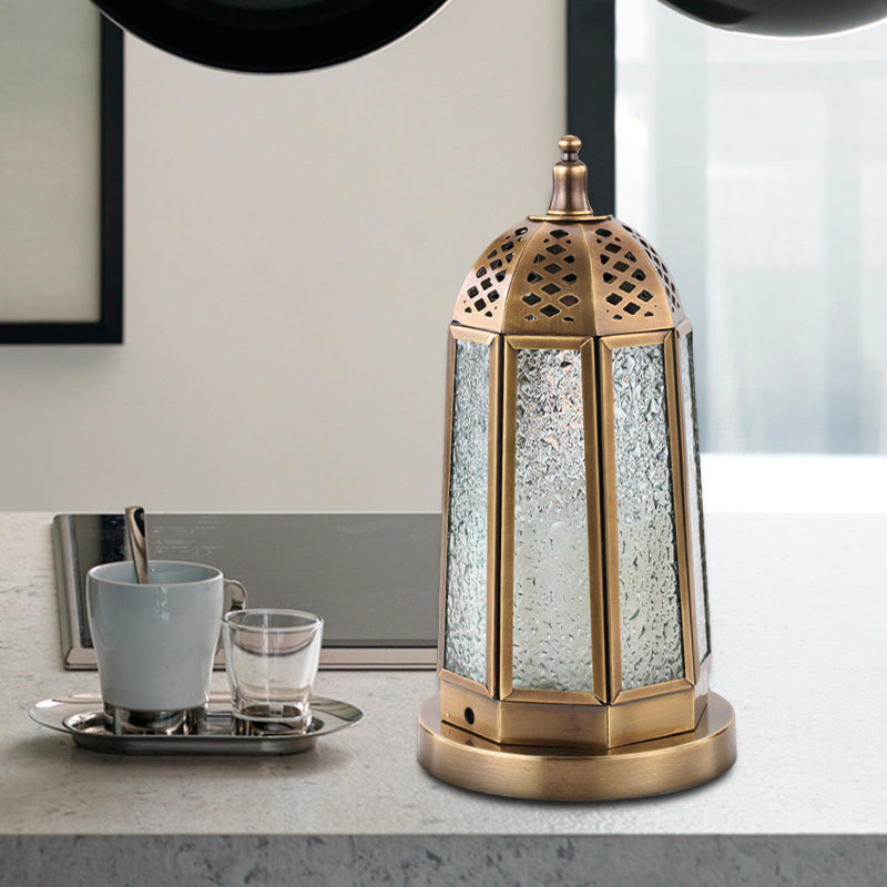 Antiqued Tower Desk Lamp - Clear Pebbled Glass Night Table Light With 1 Head In Brass Finish
