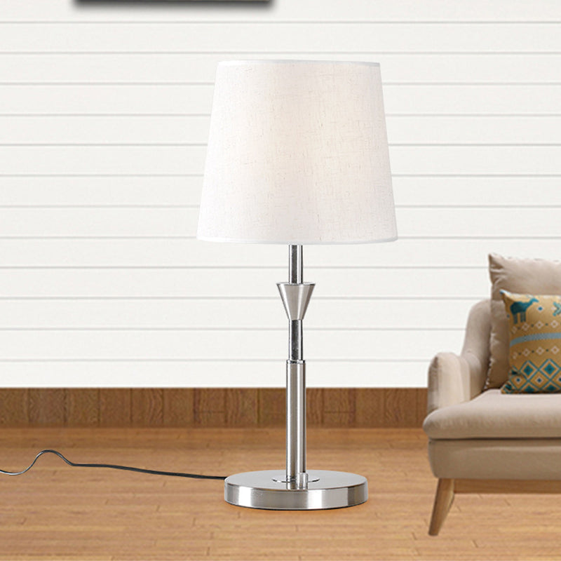 Modern White Fabric Barrel Desk Light With Metal Base - 1 Bulb Night Table Lamp