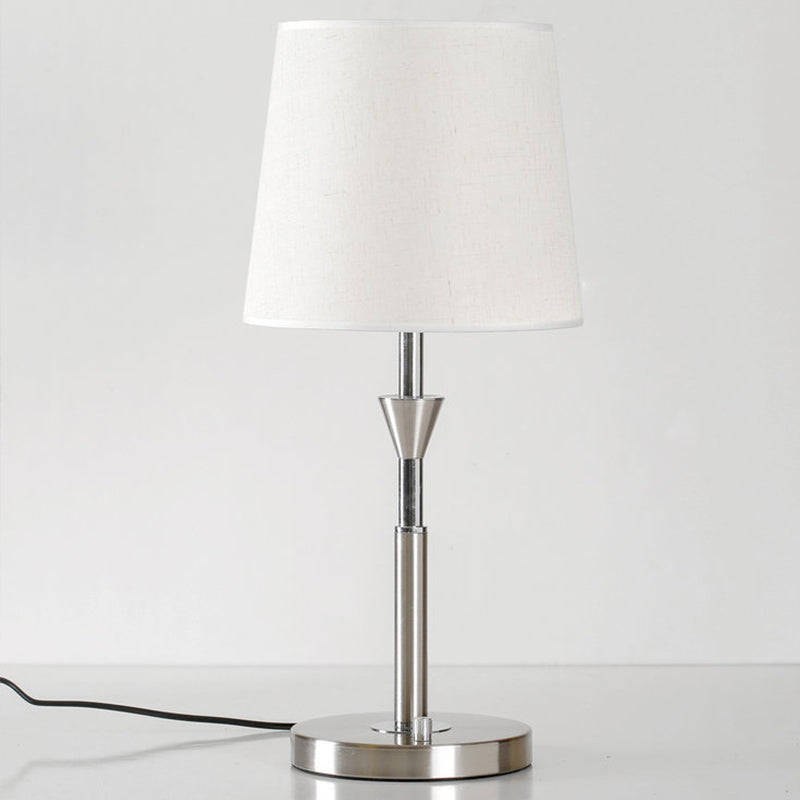 Modern White Fabric Barrel Desk Light With Metal Base - 1 Bulb Night Table Lamp