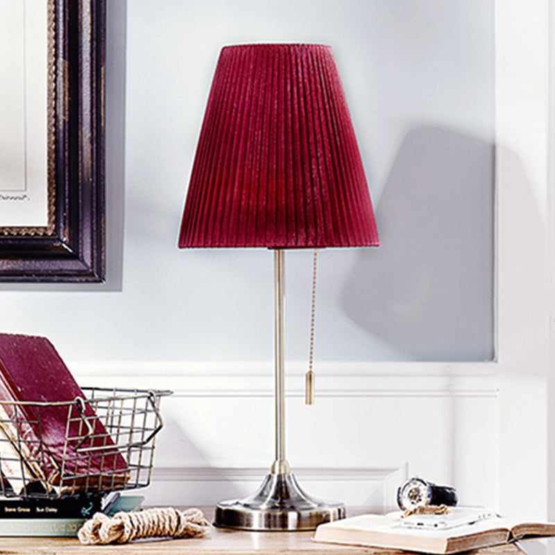 Modern Red Tapered Nightstand Lamp With 1 Bulb Pull Chain And Fabric Shade