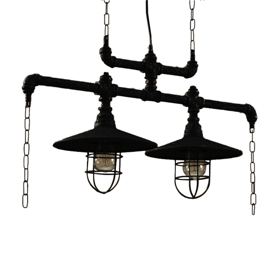 Steampunk Black Iron Hanging Light With Cage And Chain - 2/3 Heads Saucer Island Fixture 2 /