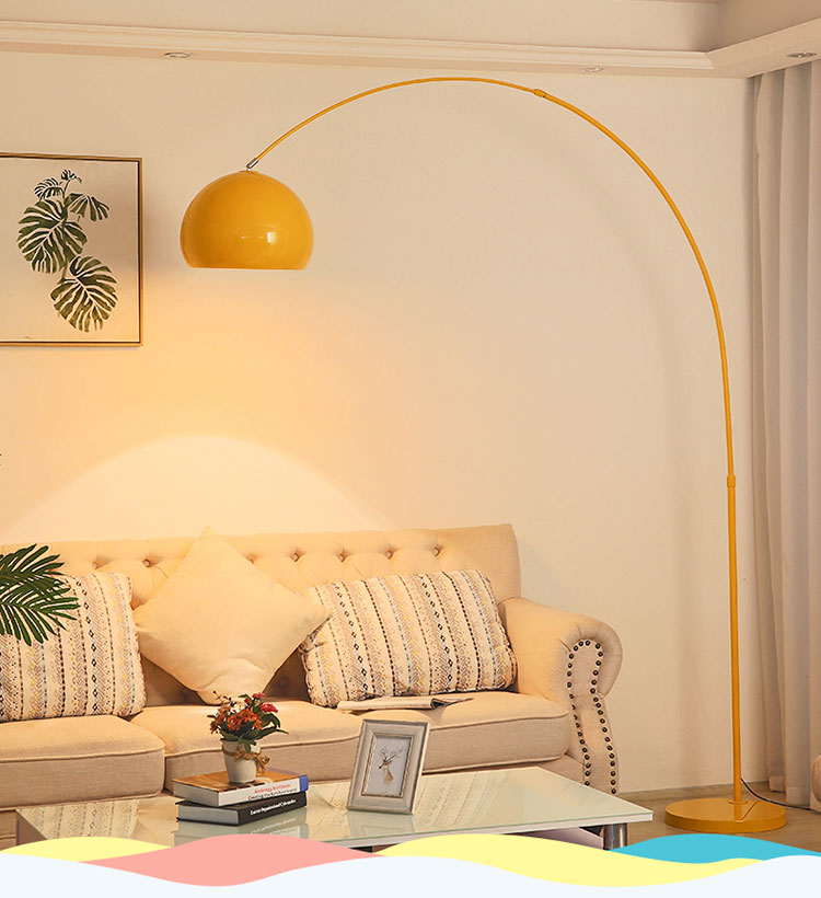 Metal Floor Lamp: Fishing Rod Design With Waveform-Edge Shade Perfect For Living Room Yellow