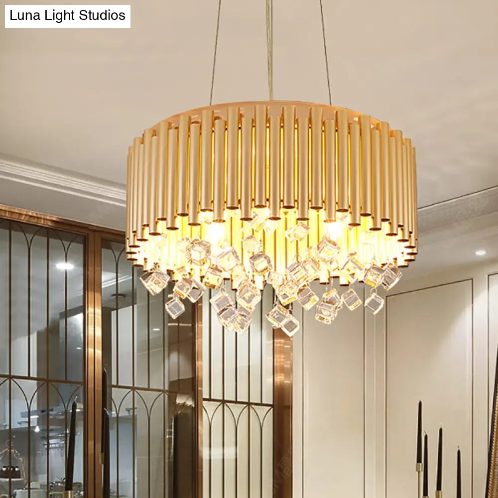 Modern Metal Chandelier Drum Pendant Light With Crystal Accent - Gold 4/5-Light 16/19.5 Width