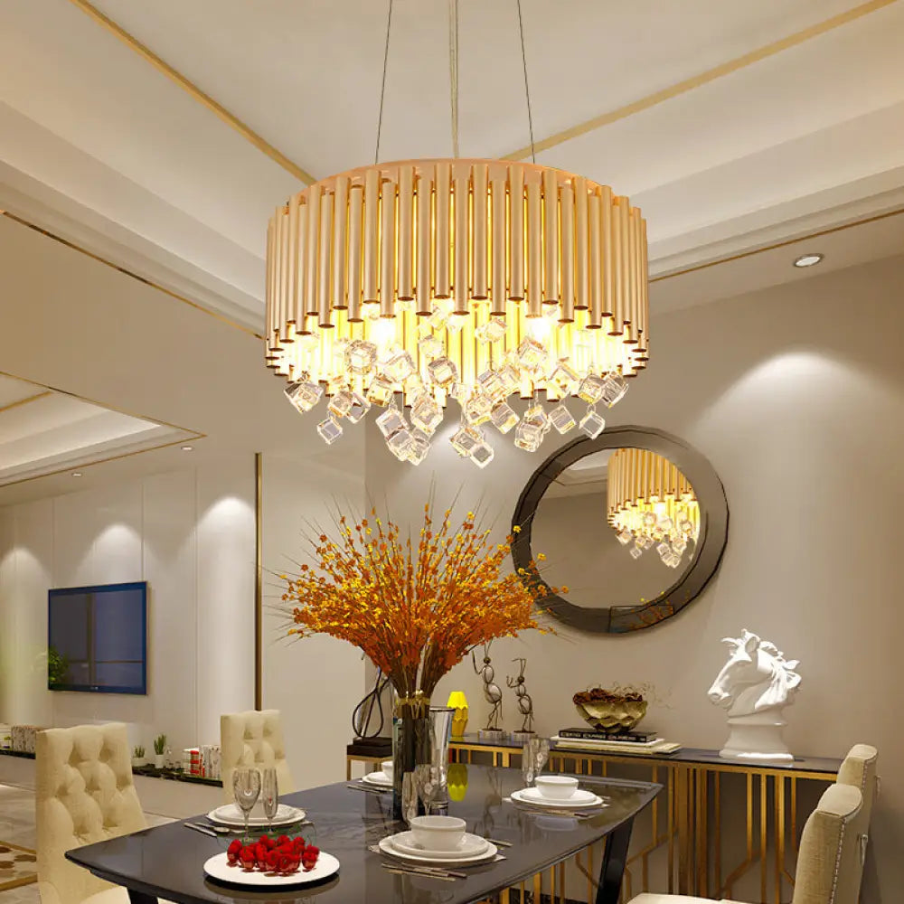 4/5-Light Modern Metal Chandelier With Crystal Accents In Gold Drum Design 16’/19.5’ Width / 16’