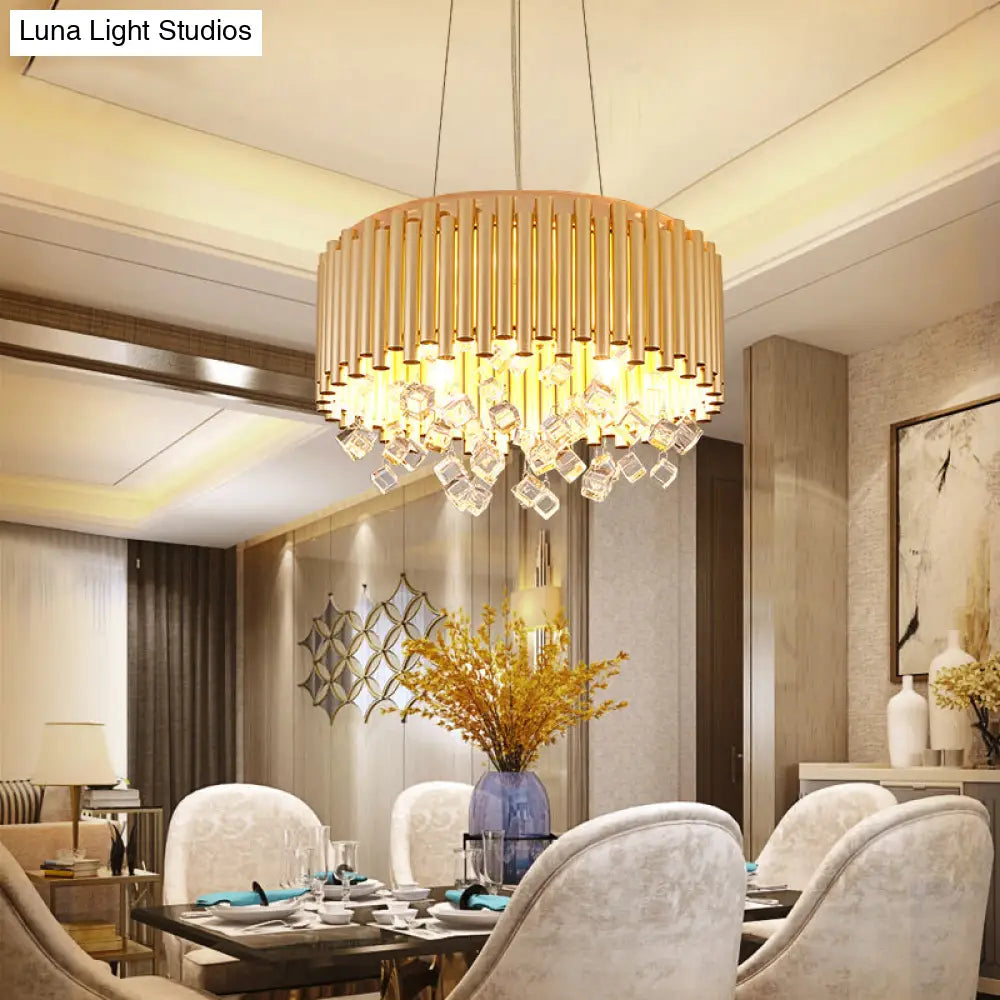 4/5-Light Modern Metal Chandelier With Crystal Accents In Gold Drum Design 16’/19.5’ Width