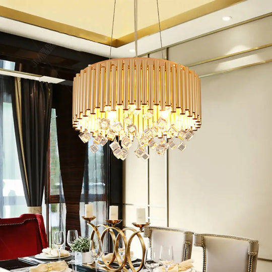 4/5-Light Modern Metal Chandelier With Crystal Accents In Gold Drum Design 16’/19.5’ Width / 19.5’