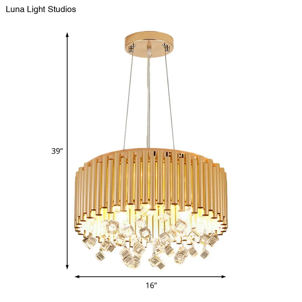 4/5-Light Modern Metal Chandelier With Crystal Accents In Gold Drum Design 16’/19.5’ Width