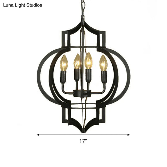 Vintage Style Wrought Iron Chandelier Light With Lantern Cage Shade - 4/6 Bulbs Medium Size Black