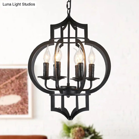 4/6 Bulbs Vintage Style Lantern Cage Chandelier Light In Black - Wrought Iron Medium Hanging Lamp