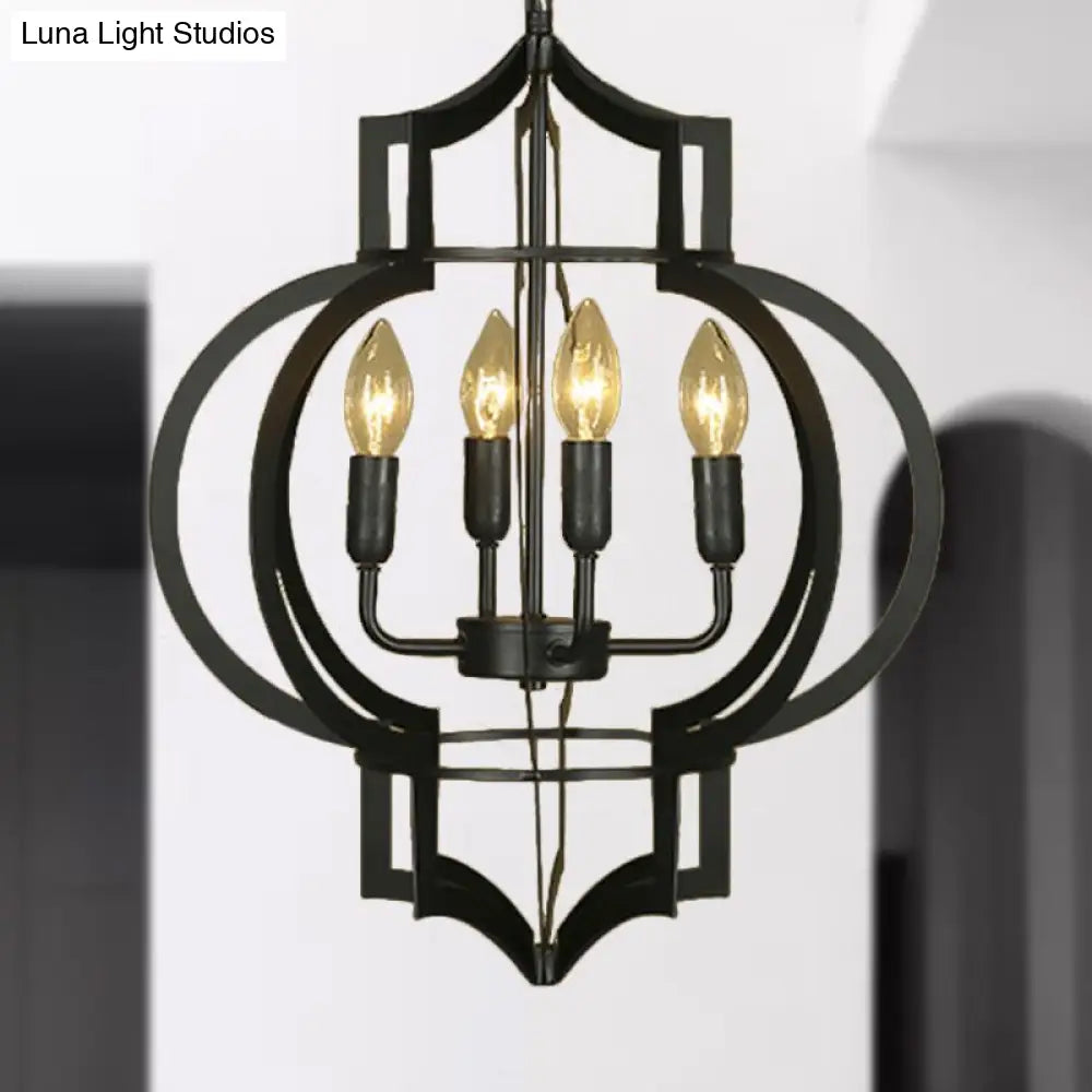 4/6 Bulbs Vintage Style Lantern Cage Chandelier Light In Black - Wrought Iron Medium Hanging Lamp