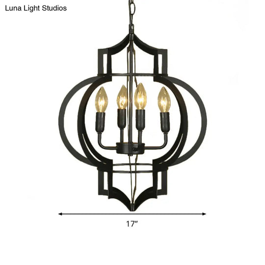 4/6 Bulbs Vintage Style Lantern Cage Chandelier Light In Black - Wrought Iron Medium Hanging Lamp