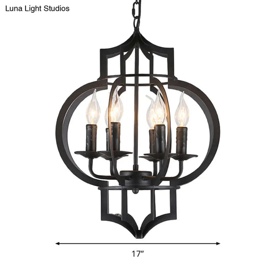 Vintage Style Wrought Iron Chandelier Light With Lantern Cage Shade - 4/6 Bulbs Medium Size Black