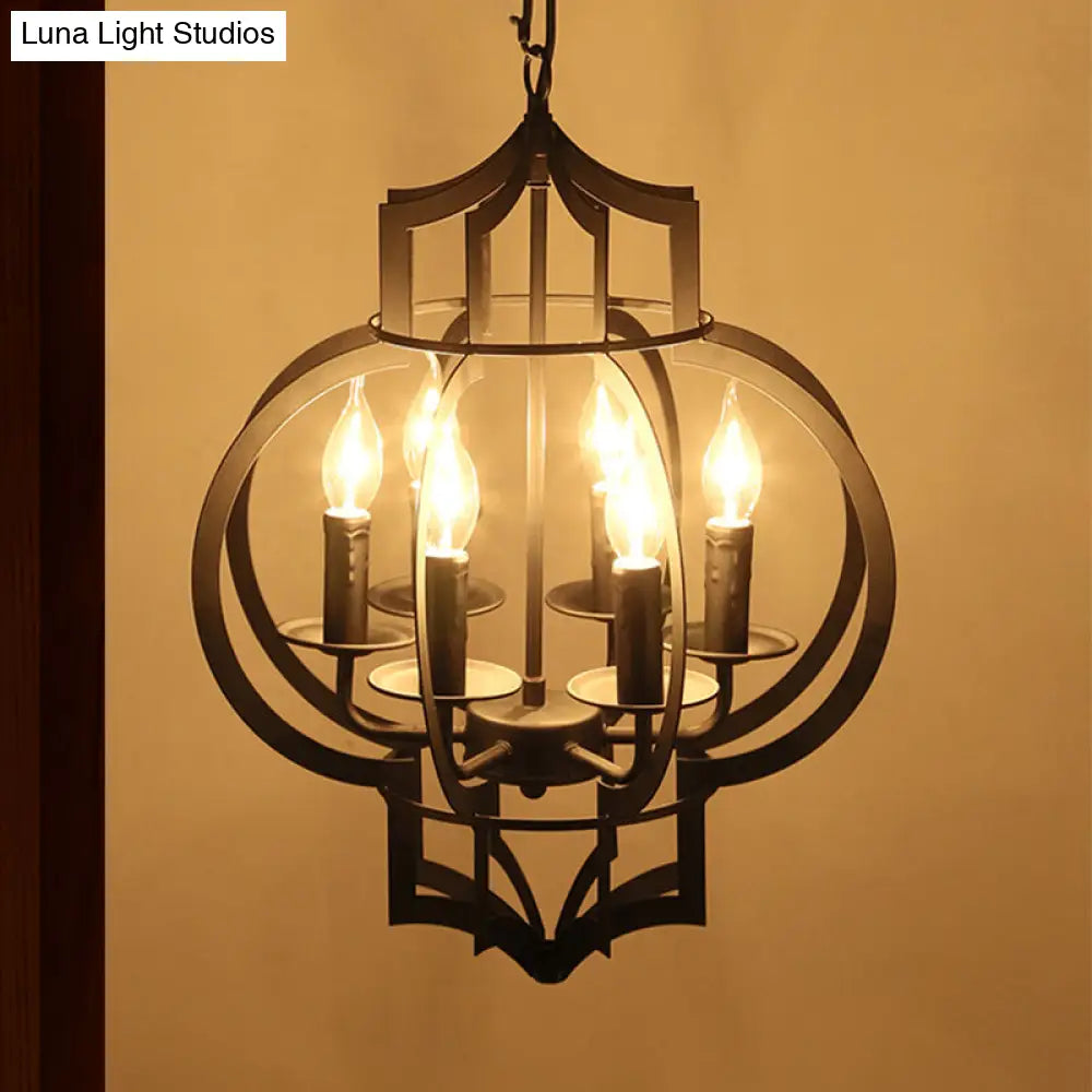 Vintage Style Wrought Iron Chandelier Light With Lantern Cage Shade - 4/6 Bulbs Medium Size Black