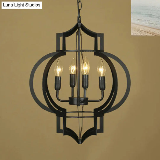 Vintage Style Wrought Iron Chandelier Light With Lantern Cage Shade - 4/6 Bulbs Medium Size Black