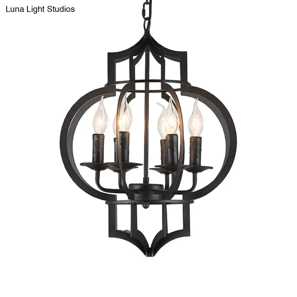 Vintage Style Wrought Iron Chandelier Light With Lantern Cage Shade - 4/6 Bulbs Medium Size Black