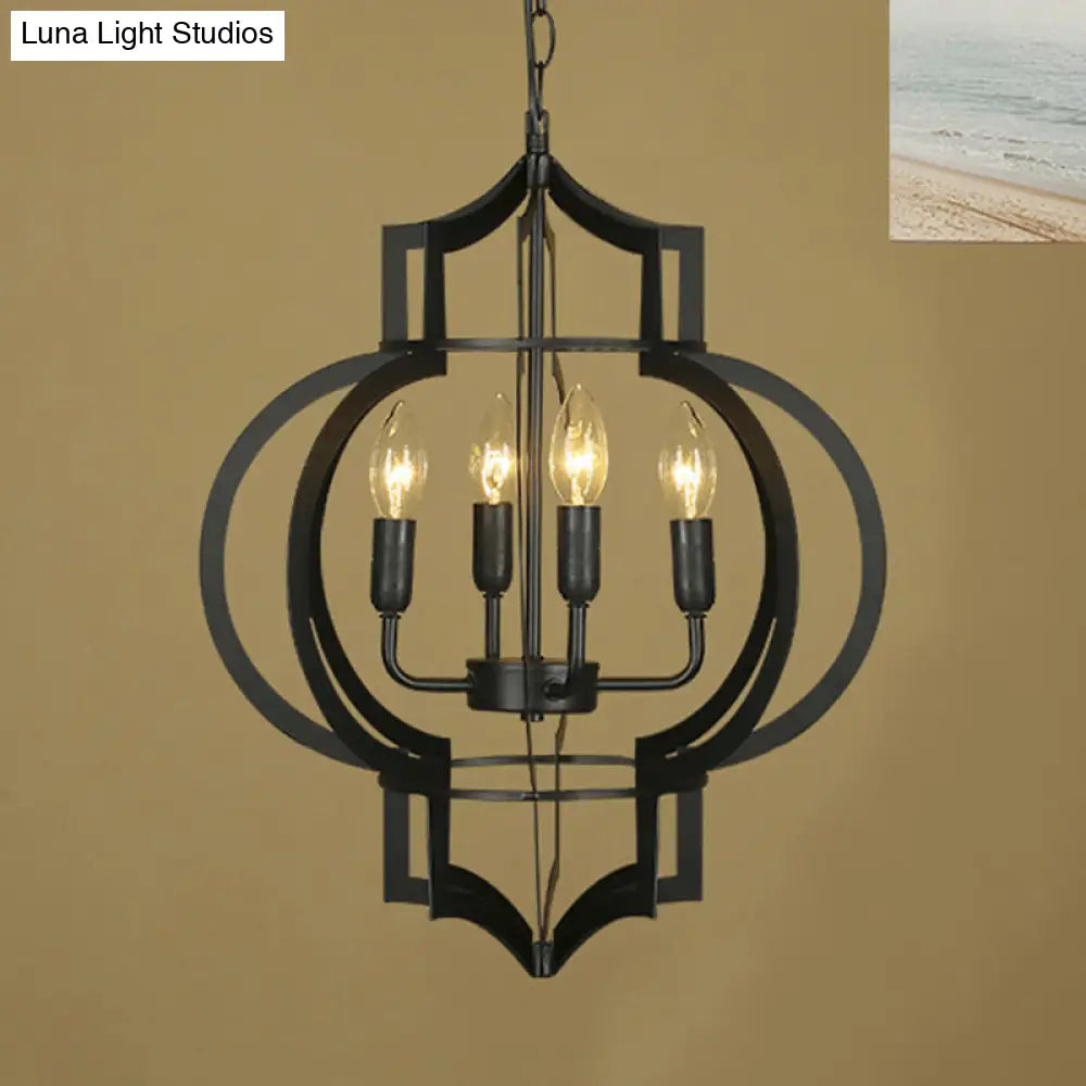 4/6 Bulbs Vintage Style Lantern Cage Chandelier Light In Black - Wrought Iron Medium Hanging Lamp