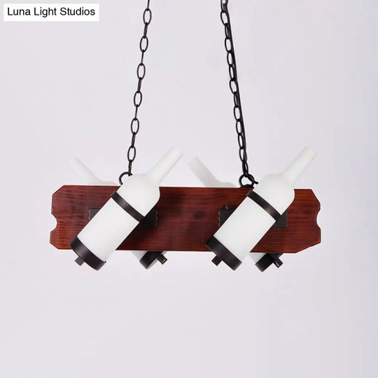 4/6-Head Island Lamp: Frosted White/Amber Glass Suspended Lighting With Brown Wood Arm