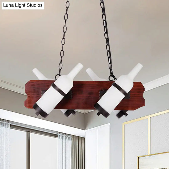 4/6-Head Island Lamp: Frosted White/Amber Glass Suspended Lighting With Brown Wood Arm