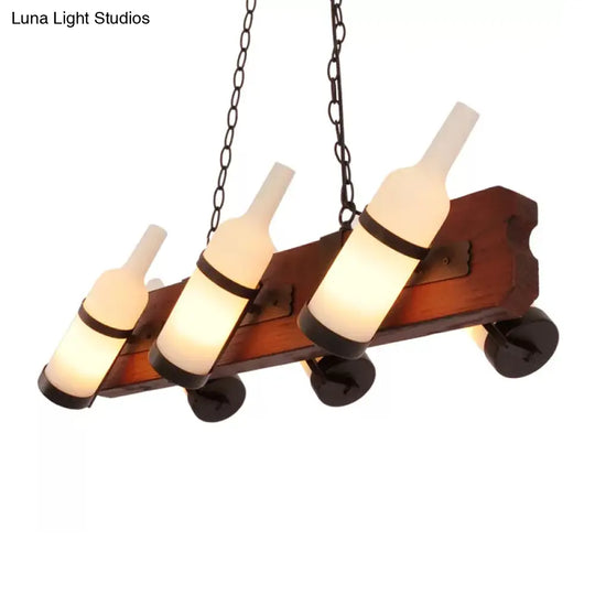 4/6-Head Island Lamp: Frosted White/Amber Glass Suspended Lighting With Brown Wood Arm