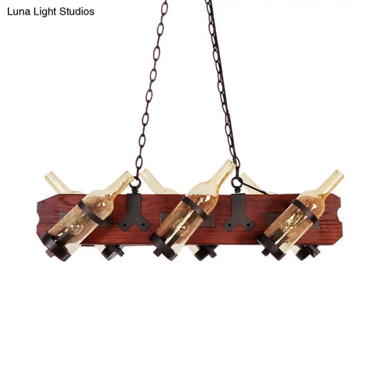 4/6-Head Island Lamp: Frosted White/Amber Glass Suspended Lighting With Brown Wood Arm