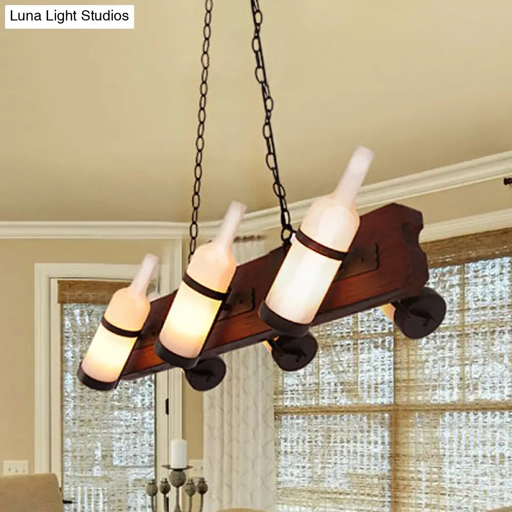 4/6-Head Island Lamp: Frosted White/Amber Glass Suspended Lighting With Brown Wood Arm