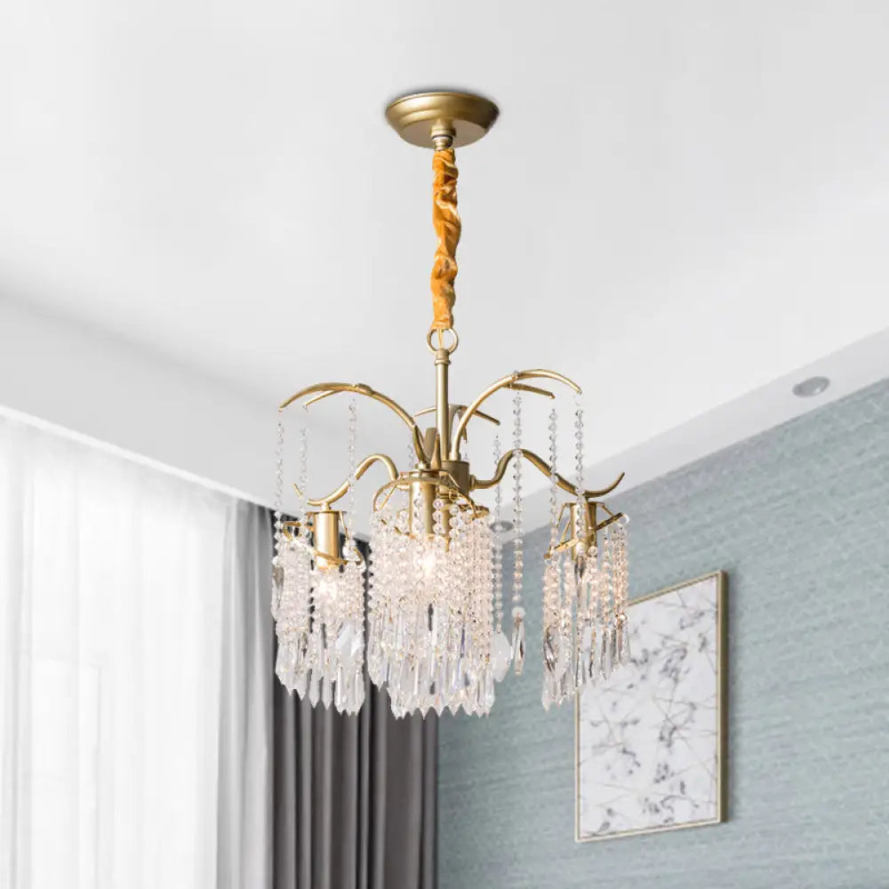 4-Bulb Gold Chandelier With Modern Windbell Crystal Beads