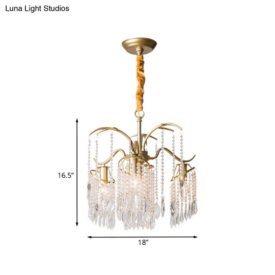 4-Bulb Gold Chandelier With Modern Windbell Crystal Beads