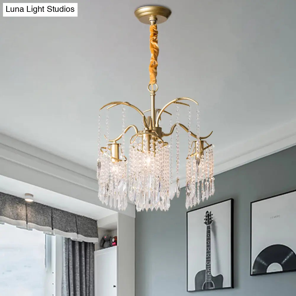 4-Bulb Gold Chandelier With Modern Windbell Crystal Beads