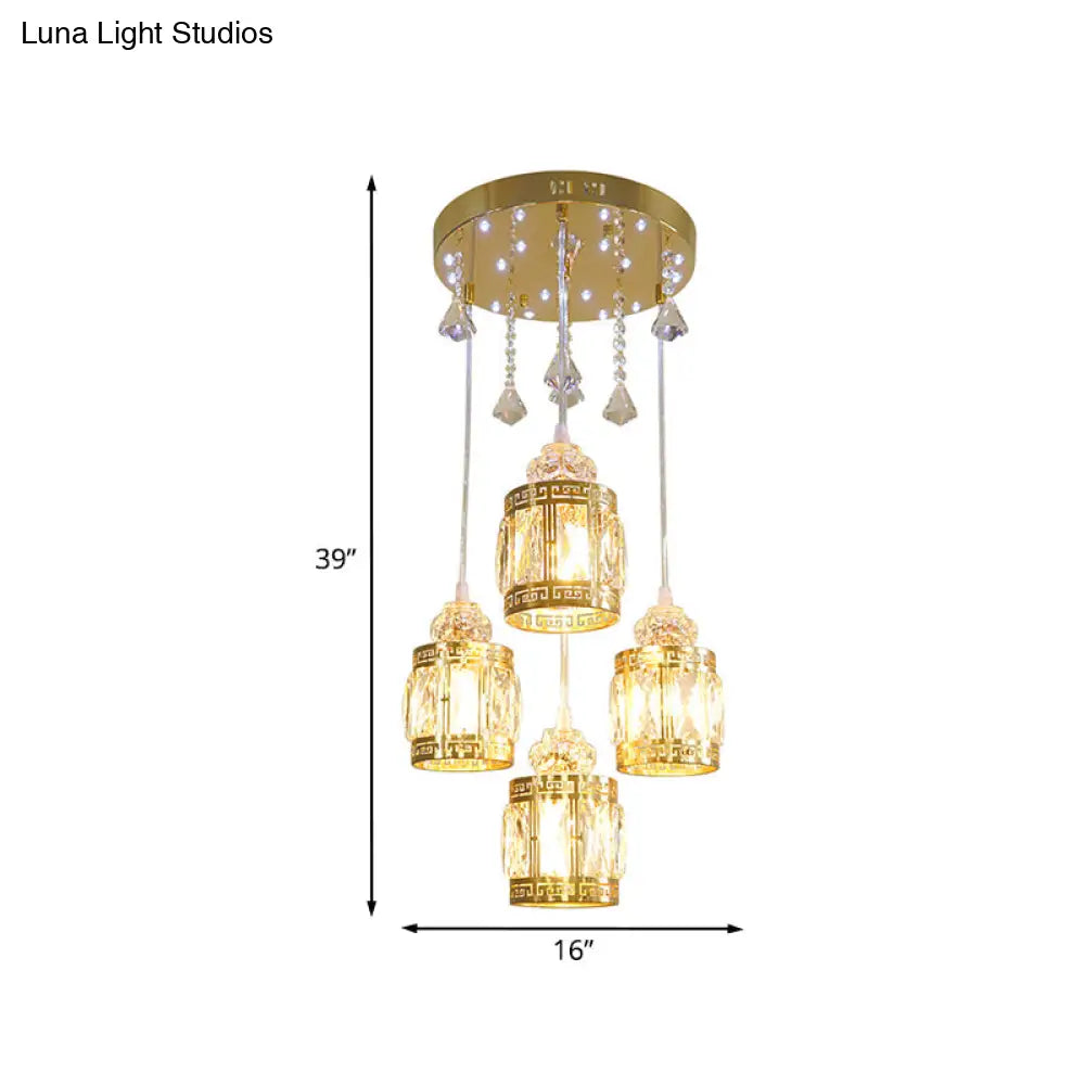 4-Bulb Gold Cylinder Pendant Light With Minimalist Design And Crystal Shade