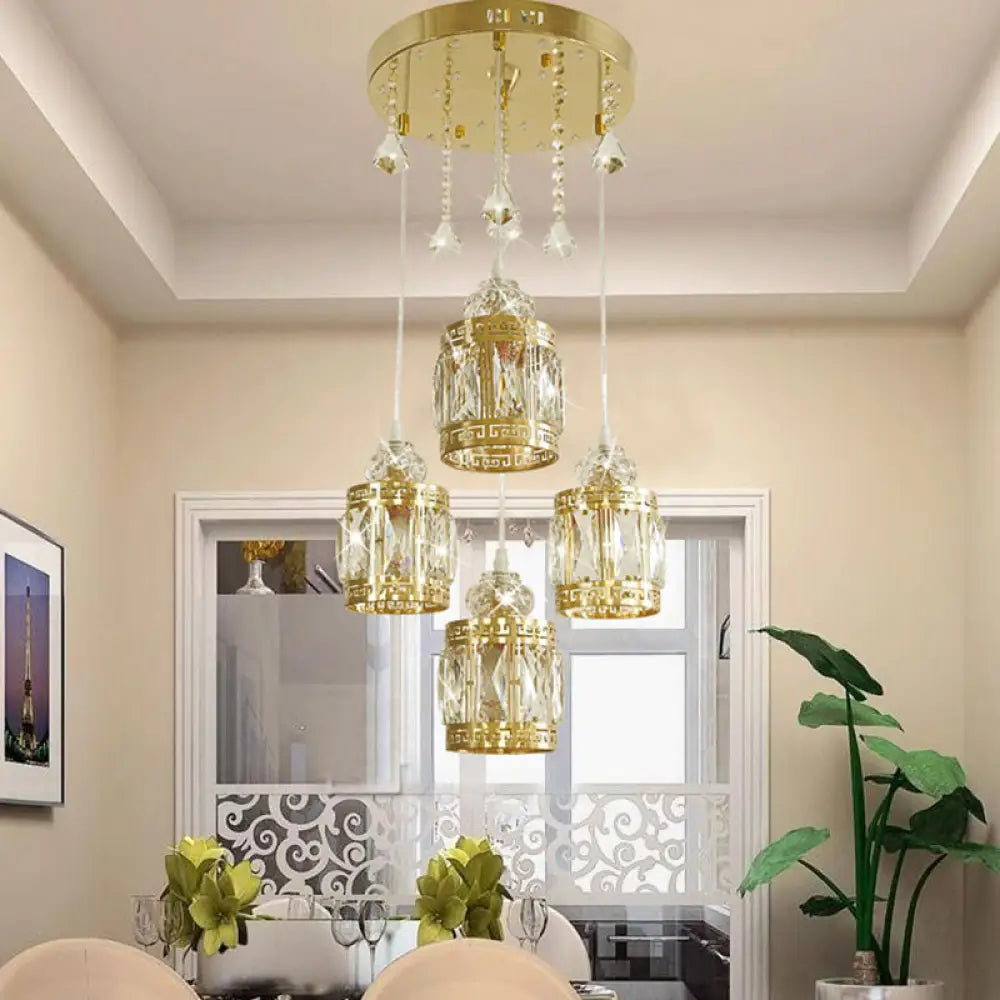 4-Bulb Gold Cylinder Pendant Light With Minimalist Design And Crystal Shade