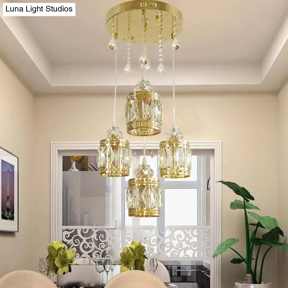 Gold Cylinder Pendant Lighting Fixture With Crystal Shade - Minimalist Design 4 Bulbs Multi Ceiling