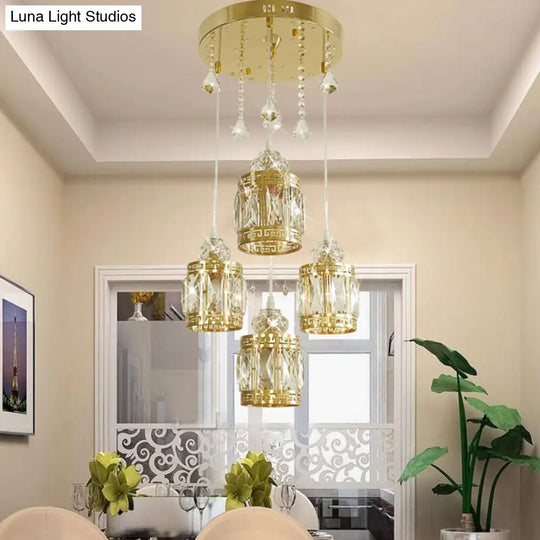 Gold Cylinder Pendant Lighting Fixture With Crystal Shade - Minimalist Design 4 Bulbs Multi Ceiling