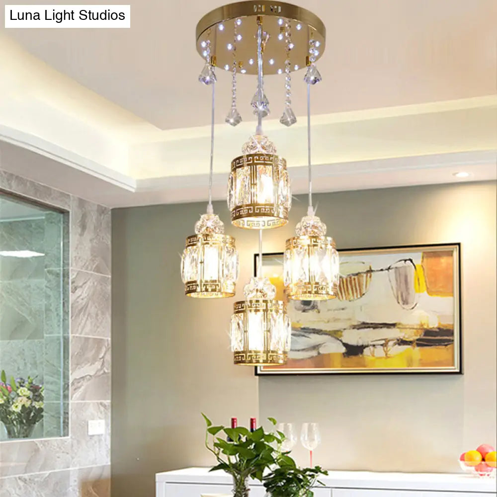 4-Bulb Gold Cylinder Pendant Light With Minimalist Design And Crystal Shade