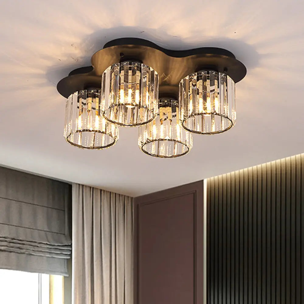 4 - Head Crystal Block Flush Ceiling Light Fixture In Black/Gold - Simple Cylinder Design Black