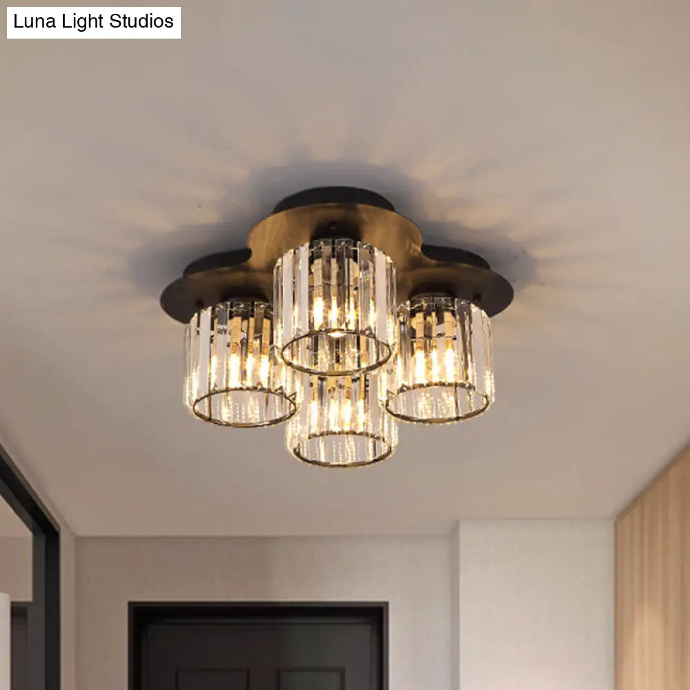4 - Head Crystal Block Flush Ceiling Light Fixture In Black/Gold - Simple Cylinder Design