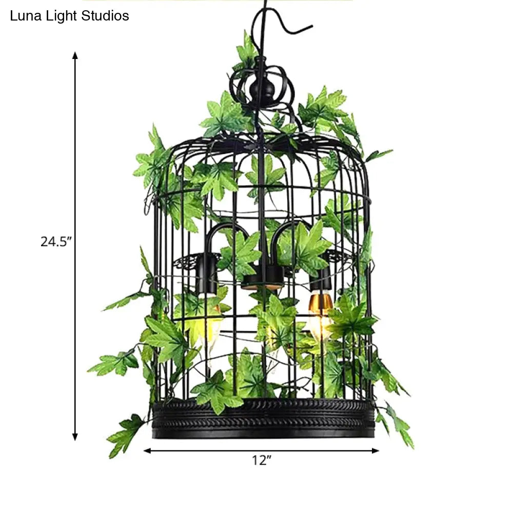 4-Head Plant Pendant Chandelier With Basket/Bowl Iron Cage - Black Ideal For Rural Restaurants