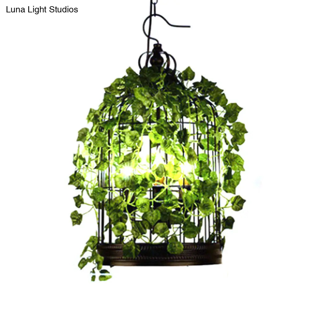 Rustic Plant Pendant Chandelier With Hanging Basket Black Iron Cage / C