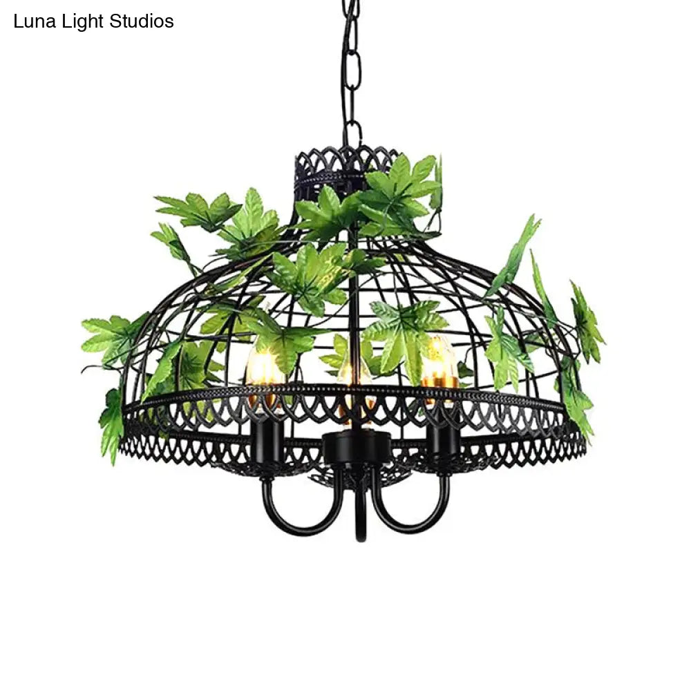 Rustic Plant Pendant Chandelier With Hanging Basket Black Iron Cage / E