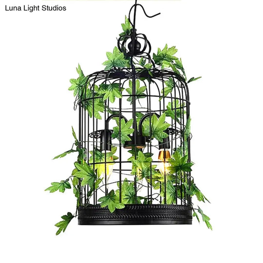 Rustic Plant Pendant Chandelier With Hanging Basket Black Iron Cage / D